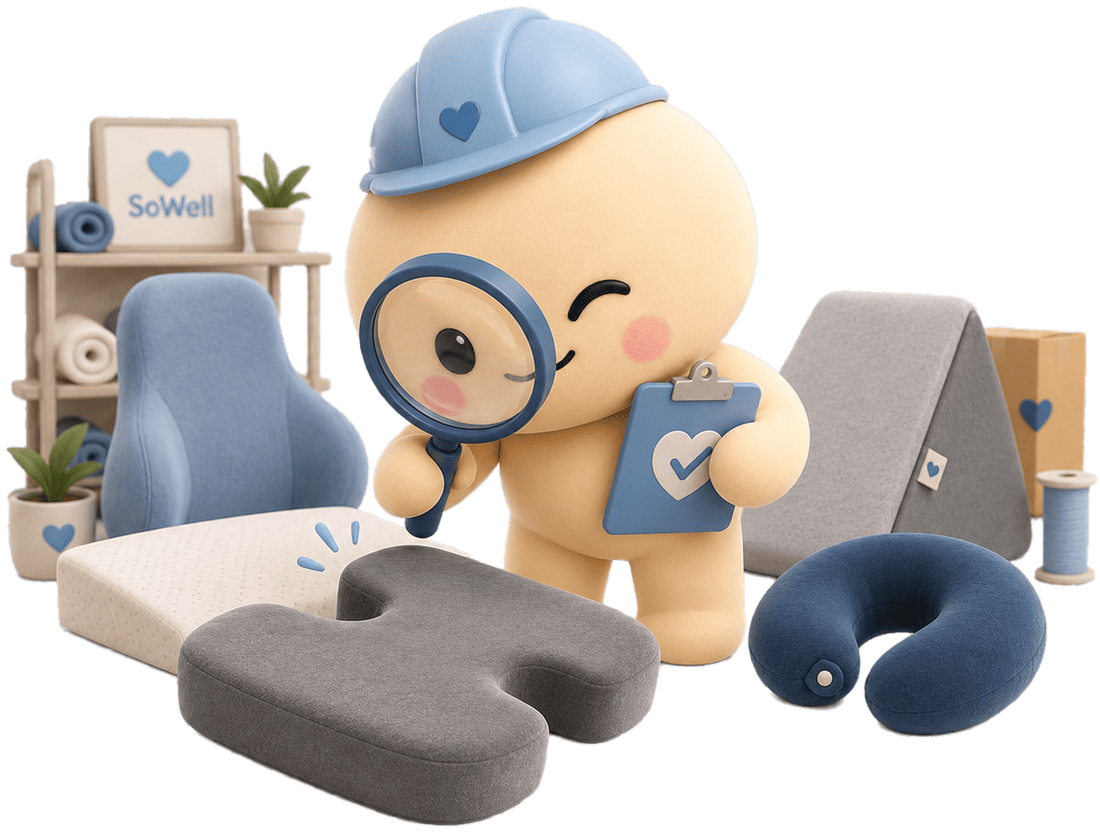 SoWell mascot inspecting comfort products with a magnifying glass and a quality checklist