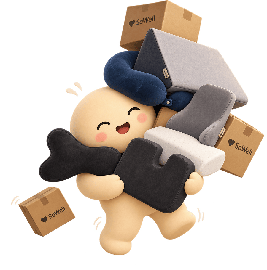SoWell mascot happily carrying a stack of bulk order boxes and products