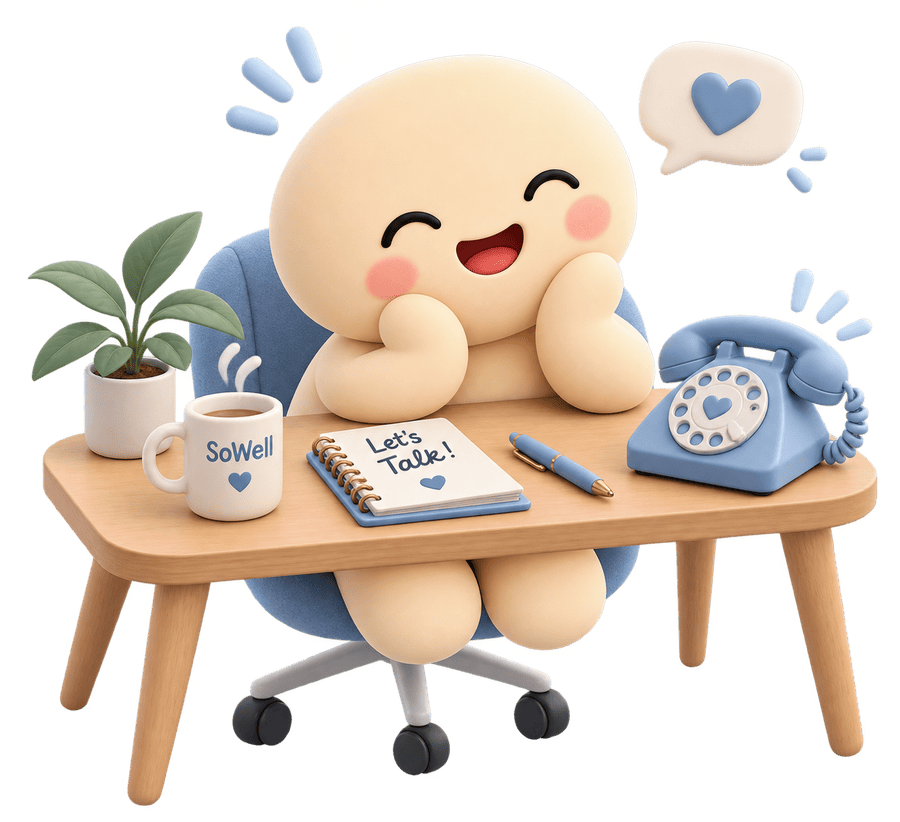 SoWell mascot sitting at a desk with a phone and a notebook that says Let's Talk