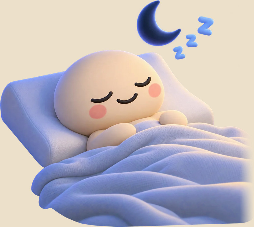 Snoozy asleep on a Classic Memory Foam Pillow under a crescent moon