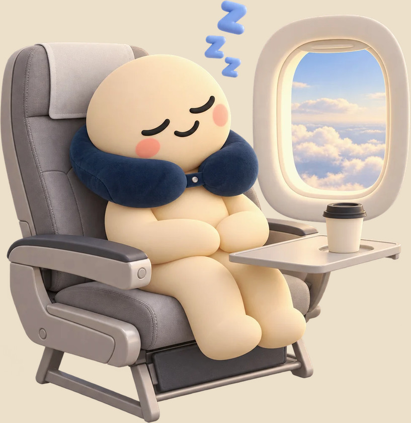 Snoozy asleep in a plane seat wearing the Cloud Wrap Travel Neck Pillow