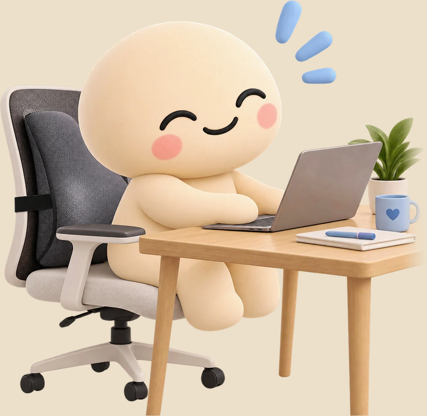 Snoozy working at a desk with a Lumbar Backrest on his chair
