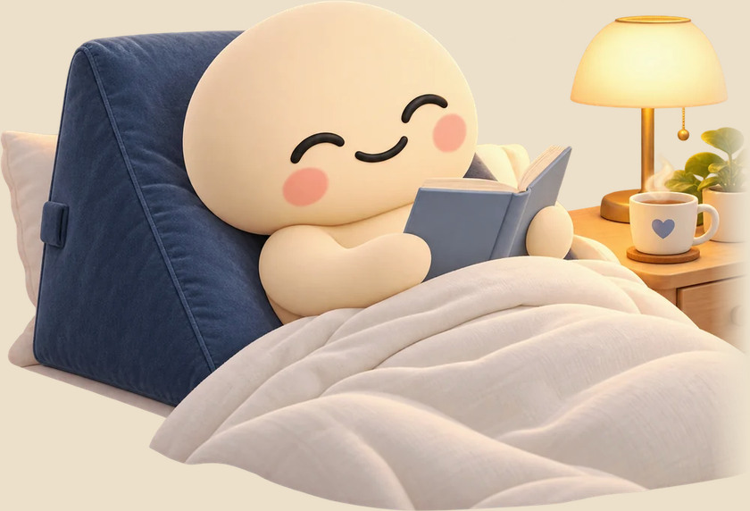 Snoozy reading in bed, propped up on a Wedge Pillow